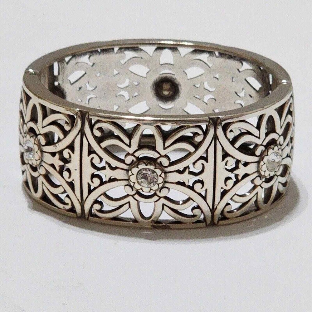 Brighton‎ Silver Pl Cuff Bracelet with Openwork Floral and Rhinestone Details